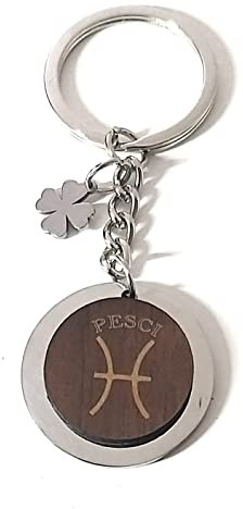 Mavi jewel Portachiavi uomo donna in acciaio e legno personalizzato con pendolo segno zodiacale spedizione gratuita (Pesci)