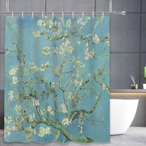 3BMT Duschvorhang waschbar mit Ringen - Mandelblüte Van Gogh Design - Duschvorhang Anti Schimmel - 100% Polyester - 180 x 200 cm