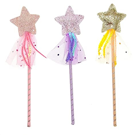 JZK 3 x Feen-Zauberstab für Mädchen Glitzer-Prinzessinnen-Zauberstäbe Sternen-Zauberstab Spielzeug-Zauberstäbe für Halloween, Geburtstag, Maskerade verkleiden Sich für Kinder (pink, lila und gelb)