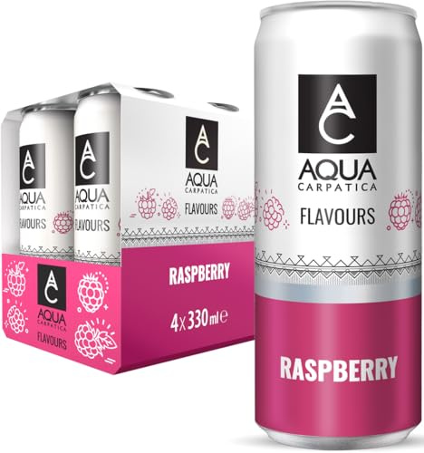 AQUA Carpatica Flavoured Sparkling Water Raspberry, Can, 4 x 330ml | Natural Mineral water, Rich in Minerals, refreshing taste with natural Fruit flavours & Agave syrup, Gluten Free, Vegan