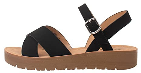 Kassie Daniela ~ JOSIE ~ Damen Flache Sandalen Plateau Knöchel Schnalle Criss Cross Band Damen Riemchen Sandalen Schuhe, Schwarz - Black NB, 37 EU
