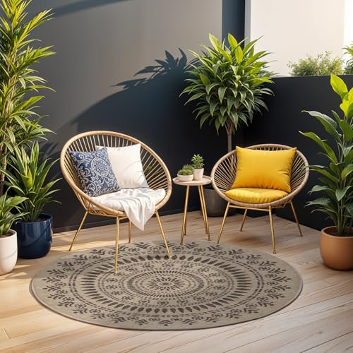Livabliss Runder Outdoor Teppich Tavira - Wetterfest für Balkon, Terrasse, Garten, Küche - 160 cm Boho Teppich für Draußen - Beige, Schwarz