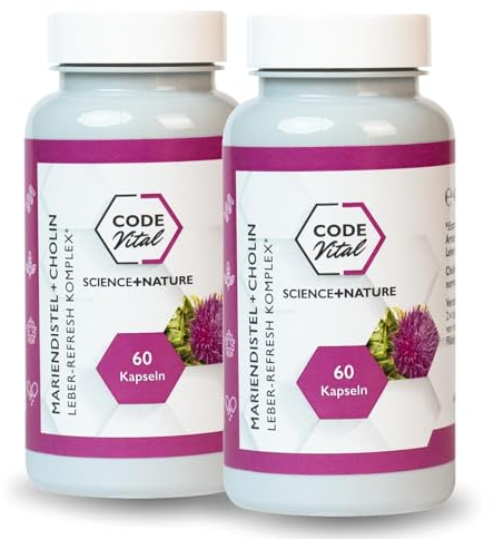 CODE VITAL® Mariendistel Kapseln mit Cholin I Power-Pack für die Leber I Leber Kapseln mit natürlichem Artischockenextrakt & Löwenzahn-Extrakt | 2 Packungen |120 Kapseln