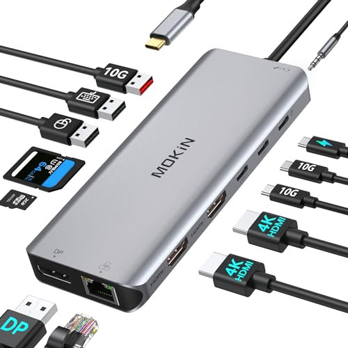 Dell Surface HP USB C Docking Station - 2x 4K HDMI DisplayPort, Dual Monitor Adapter, RJ45, 5x USB C/A, Audio, SD/TF, 10Gbps Data Transfer