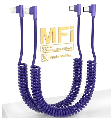 Spiralkabel USB C auf Lightning Kabel für Apple CarPlay - 2 Pack 90 Grad USB Typ C auf Lightning Schnellladen mit Daten 50CM Kurz Einziehbar USBC iPhone Ladekabel für iPhone14 13 12 11 Pro Max 8 7