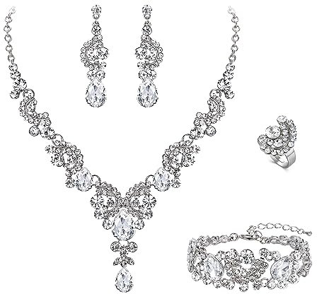 EVER FAITH 4 Stück Schmucksets für Damen Party Hochzeit Braut Strass Kristall floralen Welle Teardrop Halskette baumeln Ohrringe Armband Ring Set klar Silber-Ton