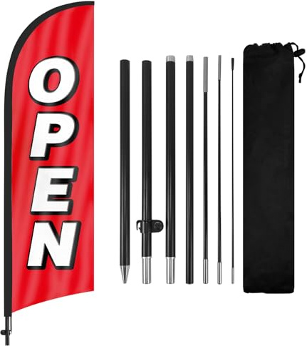 Open Flag, Open Feather Flag Pole Kit, Open Flags Sign for Outside Businesses with Poles 8Ft (Black/red)