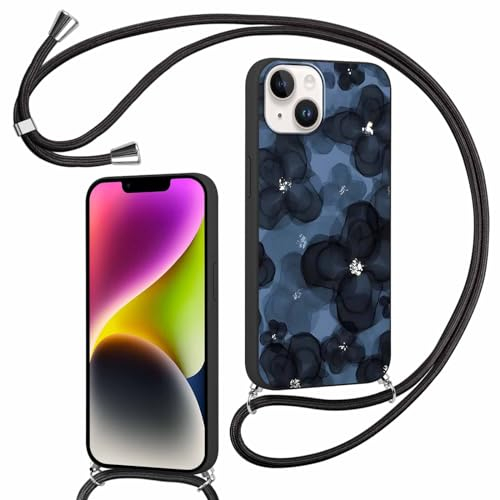 ZhuoFan Handykette für iPhone 13/iPhone 14 Hülle mit Band, Aesthetic Blume Muster Verstellbarer Halskette Handyhülle mit Kordel zum umhängen Silikon Stoßfest Schutzhülle mit Kette, 08