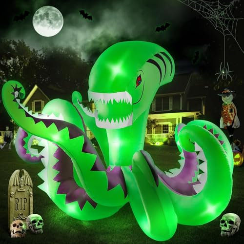 Kalolary Aufblasbarer riesiger grüner Oktopus, 2,1 m lang, Halloween-Outdoor-Dekorationen mit eingebauten LED-Lichtern, aufblasbar, für Hof, Garten, Rasen, Innen- und Außenbereich