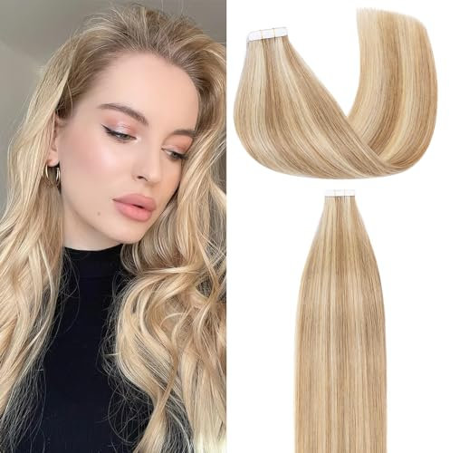 Rich Choices Tape Extensions Echthaar 60cm 20 Stück #12/613 Blonde Strähnen Echthaar Haarverlängerung Invisible Tape in Extensions Remy Seidig Gerade Haar Extensions Natürliche Haarverdichterung