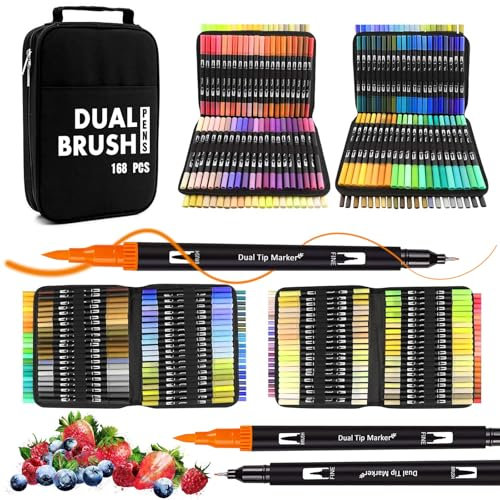 Vakki Dual Brush Pen Set,Filzstifte 168 Farben Dual Tip Stifte Fineliner, Pinselstifte Für Erwachsene, Filzstifte Dicke und Dünne für Malbücher, Manga stifte Malstifte
