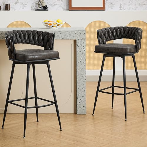LONXIU Barhocker 2er Set Küchenhocker mit gewebte Lehne und Fußstütze, Drehbar Barstuhl PU-Kunstleder Sitzhöhe 79 cm, für die Küche, Esszimmer, Hausbar, Schwarz