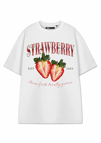 Show Me The Merch Women's Fruit White T-Shirt | Graphic Tee with Watermelon Lemon Strawberry Cherry Design | Summer Fashion Apparel