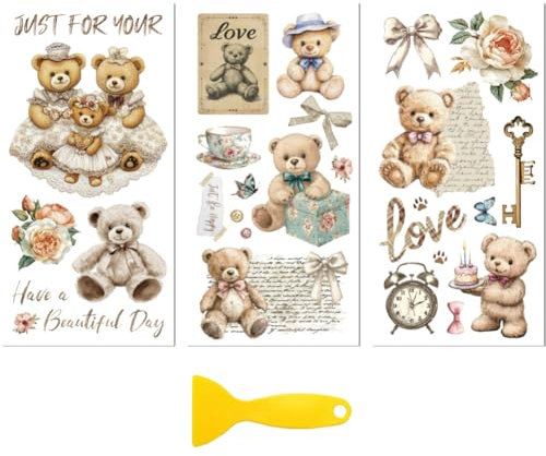 Peacoblue Rub on Transfers for Crafts 3Pcs Vintage Teddy Bear 15cmx30cm, UV DTF Waterproof Furniture Transfer for Chest of Drawer Dresser Porcelain Wood Glass Plastic