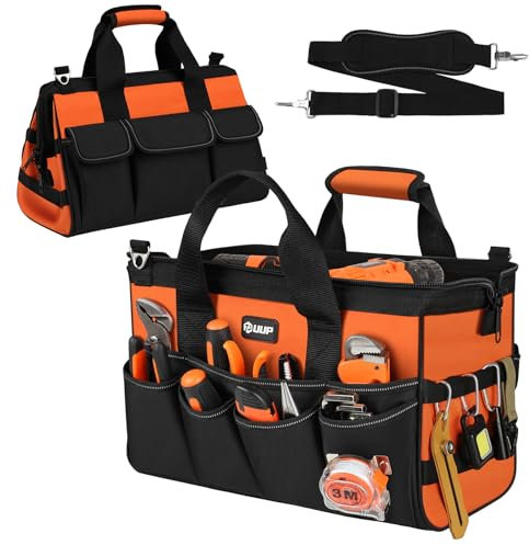 UUP Heavy Duty Tool Bag 15-Inch, 16-Pocket Portable Soft Tool Box Organizer Storage, Handle Tactical Carry Tote Empty Toolbox with Large Zipper, Father Day Dad Men Gift for Mechanic Engineer, Orange