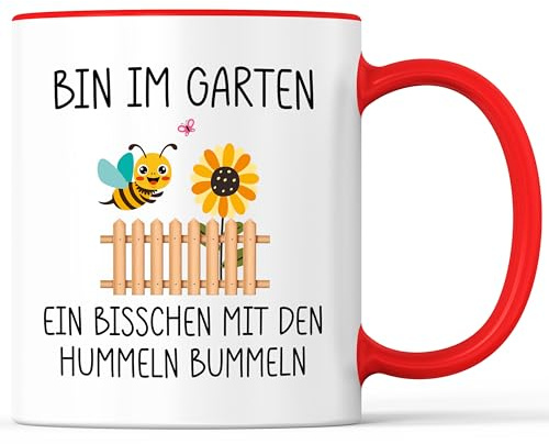 Tasse mit Spruch Bin im Garten mit den Hummeln Bummeln Becher Gärtnern Gärtner Gärtnerin Hobbygärtner - lustiges Geschenk - Kaffeebecher als Geschenkidee - Kaffeetasse 330ml - Weiss-Rot