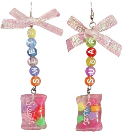 Ohrringe Ohrhänger Halskette Kette Bonbons Bonbon Süßigkeiten bunt Schleife irisierend rosa rot gelb blau grün Perlen Candys Süß Schmuck Set