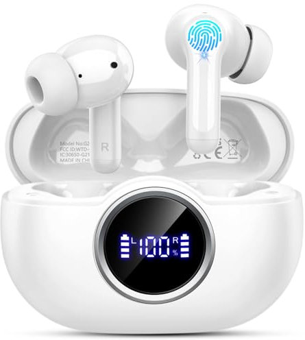 Cuffie Bluetooth, Auricolari Bluetooth 5.4 con 3D Hi-Fi Stereo, Cuffie Wireless con 4 ENC Cancellazione Rumore Mic, Cuffiette Bluetooth 36 Ore LED Display, IP7 Impermeabili/USB-C/Touch Control, Bianco