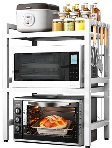 OJTOJT Mensola Microonde Estensibile, Ripiani per Microonde con 6 Ganci Scaffale Cucina Salvaspazio 40-63CM Regolabile Due Livelli Microonde Scaffale per Mettere Piatti (Bianco, Doppio strato)