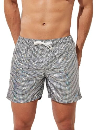 Hanraz Metallic Shorts Herren 80Er Disco Party Glänzend Kurze Glitzer Hose Clubwear Nachtclub Hotpants Silber Glitzerhose Sexy Retroshorts Sommerhose Techno Outfit