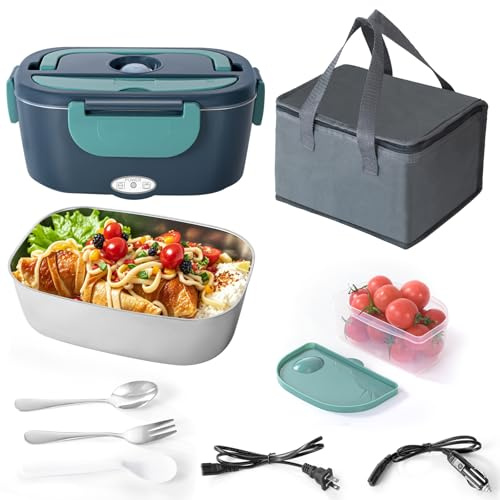 JIAKANUO Electric Lunch Box Food Heater Portable Lunch Microwave Bento Box with SS Container 1.5 L Leak Proof, 220V/12V/24V Car/Office/Trunk 3 in 1 with Fork&Spoon＆Insulated Lunch Bag (Green)