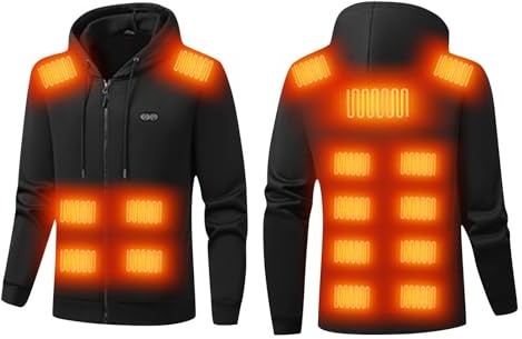 Beheizbarer Hoodie Herren Einstellbare Beheizbare Sweatjacke USB Winter Heizjacke mit 7/17 Heizzonen Hoody Männer mit Kapuze Elektrische Beheizte Kapuzenpullover mit Reißverschluss Kapuzenjacke