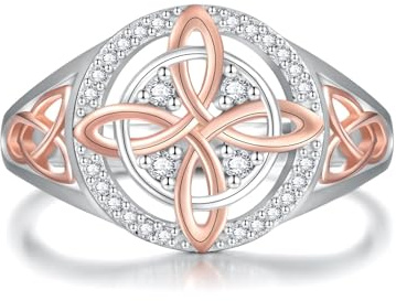GAUEIOUR Anello di protezione con nodo di ritorno della strega fatto a mano con zirconia cubica scintillante, anello bicolore che combina argento alla moda e incantevole oro rosa, gioielli originali