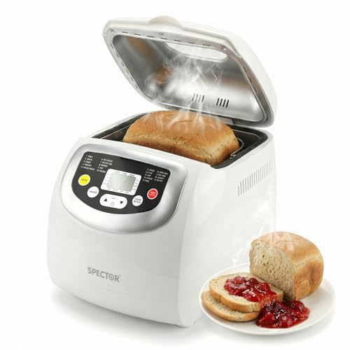 Spector Bread Maker Machine, 2lb Capacity, 3 Loaf Sizes (500g/750g/1000g), 600W Automatic Breadmaker with 15-Hour Delay Timer, 60-Min Keep Warm, 3 Crust Settings, Non-Stick Pan, Gluten-Free, Sourdough