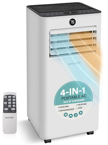 SereneLife Portable Air Conditioner 9000 BTU Cooling 7000 BTU Heat, 4-in-1 AC Unit for Home Office Room up to 31 m², Cooling Fan Dehumidifier with Window Kit Remote Control Quiet Low Noise
