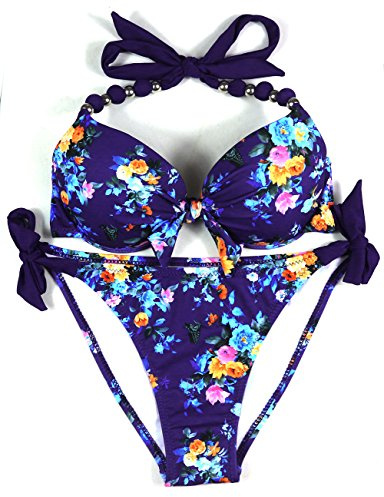EONAR Damen Seitlich Gebunden Bikini Sets Abnehmbar Bademode Push up Bikinioberteil mit Nackenträger(M,B-Floral)
