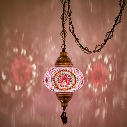 DEMMEX Plafonnier turc marocain en mosaïque, luminaire suspendu avec cordon de 4,5 m, chaîne et prise, lampe à brancher, sans câblage électrique, à brancher sur une prise murale