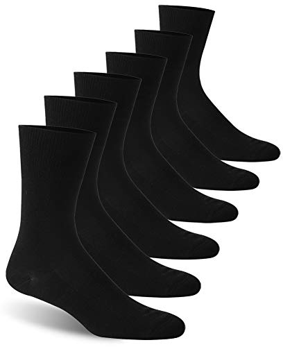 Facool Diabetic Dress Cotton Socks Crew, Non Binding Loose Top Seamless Toe Diabetes Socks for Men Women Elastic Free Socks, 6 Pairs Black Large