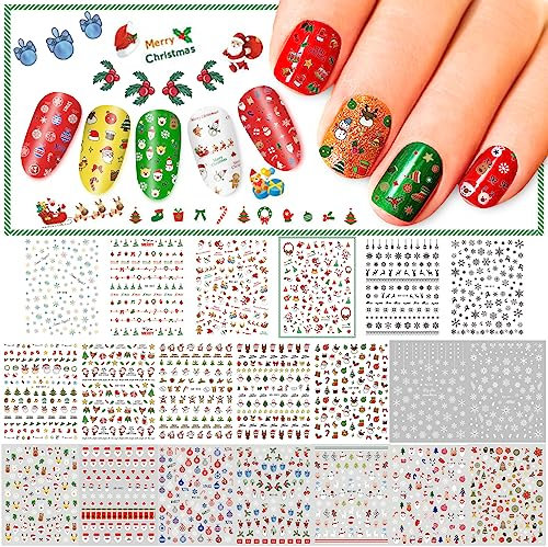 Whaline 20 Sheets Christmas Nail Art Stickers, 3D Self-Adhesive Stickers Santa Claus Reindeer X-mas Tree Bells Snowflakes Decals for Women Girls Manicure DIY or Nail Salon (more than 2000Pcs)