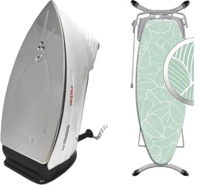 Rotel Professional extra Original Dampfbügeleisen mit hochwertiger Edelstahlsohle inkl. Bügelbrettbezug / 800W / isolierter Tank 300ml (Bügeleisen Schwarz + Bügelbrettbezug Blätter