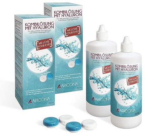 aricona Kontaktlinsen Fluessigkeit - 2 x 360ml All-In-One Kombilösung mit Hyaluron - Kontaktlinsenflüssigkeit für weiche Linsen inklusive Behälter