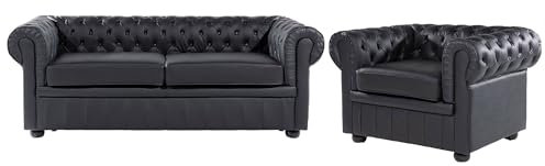 Beliani Klassisches Sofa mit Sessel im englischen Stil Schwarz 3-Sitzer Echtleder Chesterfield
