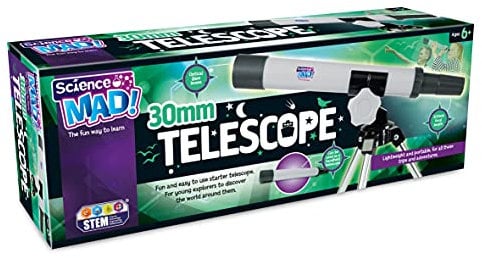 Science Mad 30mm Telescope For Kids - Fun and Easy Starter Telescope to Help Learn and Discover The World - Features Portable, Lightweight, Handheld Scope Option, 6+ Years