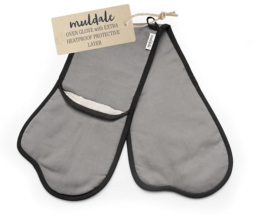 Muldale Heavy Duty Grey Double Oven Gloves Mitts with Thumbs - Neutral Heat Resistant Professional Aga Oven Gloves with Insulating Terry Towelling Interior