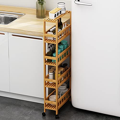 LXFA Nischenregal Küchenwagen Badrollwagen 5 Stufen Schmaler Rollwagen mit Rad, Bambus Küche Ausziehbares Organizer-Rack für Enge Orte, 20cm Breite Rollwagen für Waschküchen