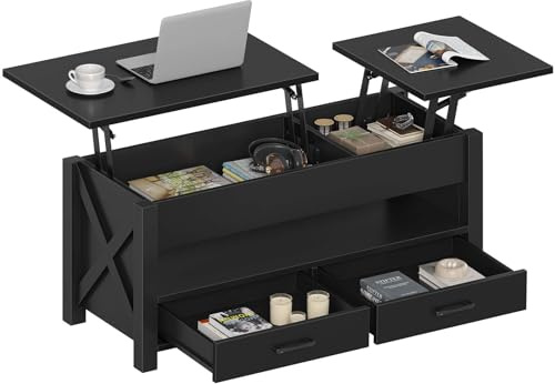 Seventable Couchtisch, 119,9 cm, Hubplatte, Couchtisch mit 2 Schubladen und verstecktem Fach, X-Holz, Bauernhausstütze, Retro-Mitteltisch mit Hebetischplatte für Wohnzimmer, Schwarz