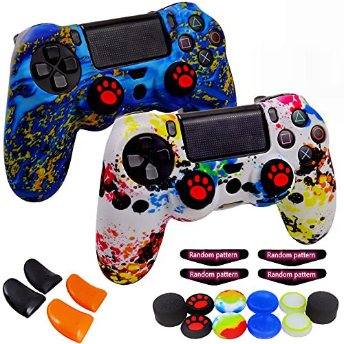 Silikon-Schutzhülle für PS4-Controller, 2 Stück rutschfeste Schutzhülle mit 10 Joystick-Griffen, 2 Paar L2 R2, 4 LED-Lichtleisten für Playsation 4/Slim/Pro Dualshock 4 Controller Wireless Gamepad