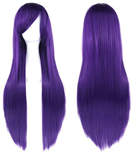 IMISSU Pelucas de Cosplay de pelo Natural liso de 80cm de largo con flequillo, peluca colorida de fiesta de disfraces de Halloween para niña (Morado oscuro)