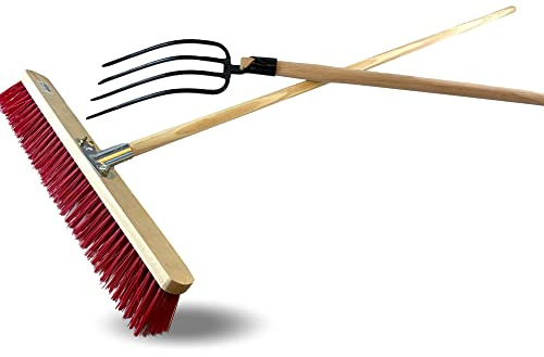 Ensemble Balai Atelier cantonnier PVC 60 cm + Fourche 4 Dents Fines | Manches Bois | Fumier Foin végétaux | Nettoyage écurie | Balayage terrasse | Jardinage, fanage | Kibros BALFCHFKIT