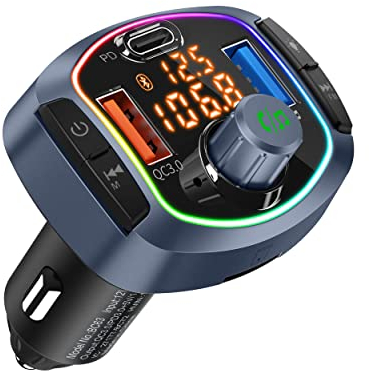 Auto MP3 Player TYKEVO Bluetooth Autofeuerzeug FM Transmitter mit Zwei USB Anschlüssen (Quick Charge QC 3.0 18W, Pen Drive) Typ C PD 18W, TF Kartensteckplatz Anzeige mit Batteriespannung