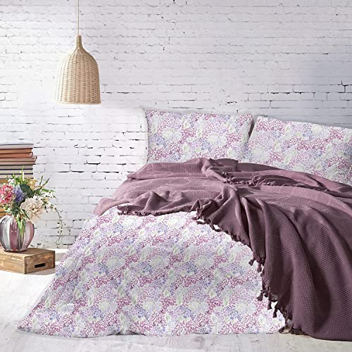 Şaheser Mona Tagesdecke mit Fransen 220x240cm 100% Baumwolle Wohndecke Blanket Bettüberwurf Sofadecke Sommerdecke Bettwäsche Überwurf für Sofa Sessel & Bett Kuscheldecke Sofadecke (Lila)