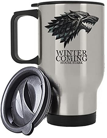 Winter is Coming Stark Wolf, Birthday, Christmas, Secret Santa Travel Silver/White Tea/Coffee Mug. (Silver)