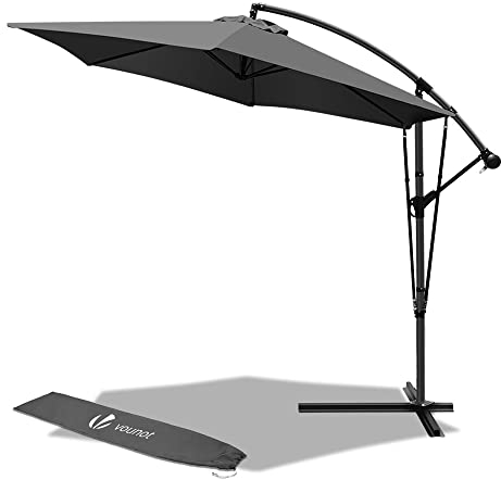 VOUNOT® 300 cm Parasol Excentrico, Sombrilla de Jardín con Manivela, Funda Protectora y Correa de Fijación, Protección UV, Gris