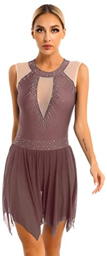 JEATHA Damen Glänzende Strass Ballettkleidung Ballettkleid Ärmellos Tanzkleid Eiskunstlauf Skater Kleid Gymnastik Leotard mit Rock Tütü Balletttrikot Gymnastikanzug Tanzkleidung C Braun S