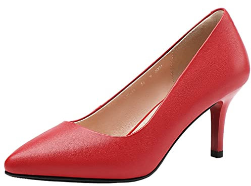 Jamron Mujer Cuero Genuino 7CM Tacones Altos Elegante Puntiagudo Pumps Oficina Zapatos de Trabajo Rojo SN602C015-2 EU41