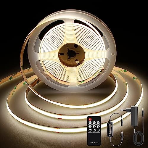 TTWAY COB LED Streifen 3M, 4000K Naturweiße LED Streifen mit Netzteil und Fernbedienung, DC24V, 480LEDs/M, CRI 90+, 8mm Breite, Dimmbare LED Strips für die Raumdekoration